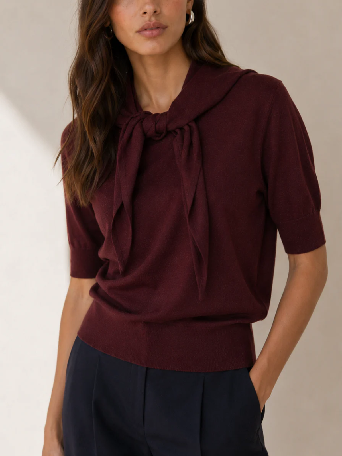 Autumn Cashmere Elbow Sleeve Scarf Neck Sweater_RFC14746