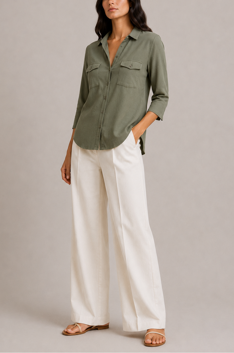 Majestic Soft Touch 3/4 Sleeve Semi Relaxed Pocket Shirt