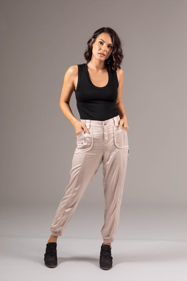 Tari Solid Satin Jogger - L / Almond - Pants
