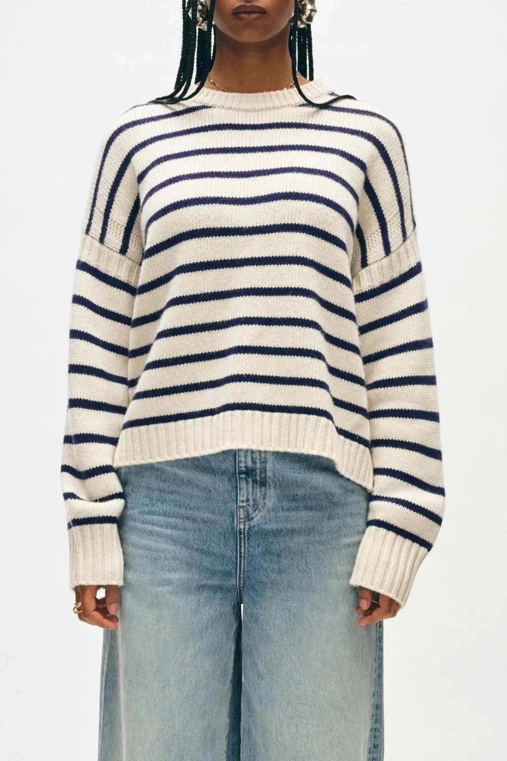 White + Warren Cashmere Blend Striped Crewneck