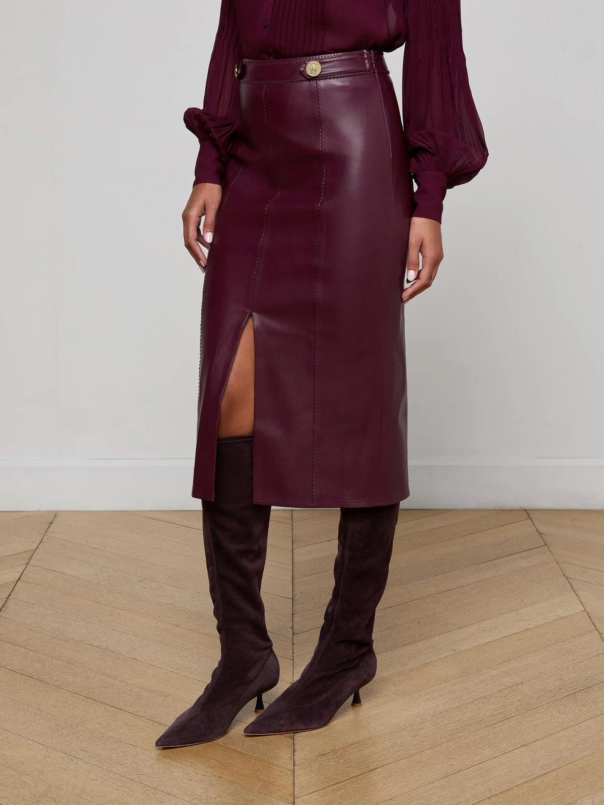 L'agence Arlette Vegan Leather Midi Skirt