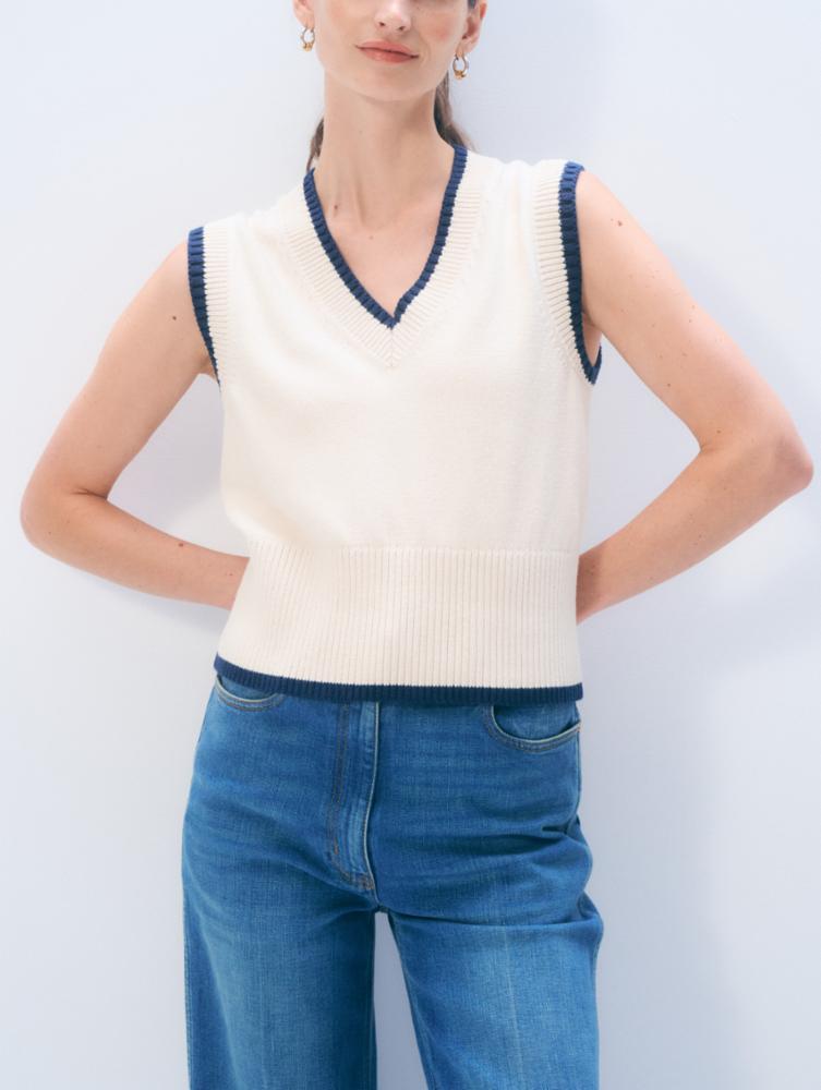 White & Warren Varsity Cotton Sweater Vest