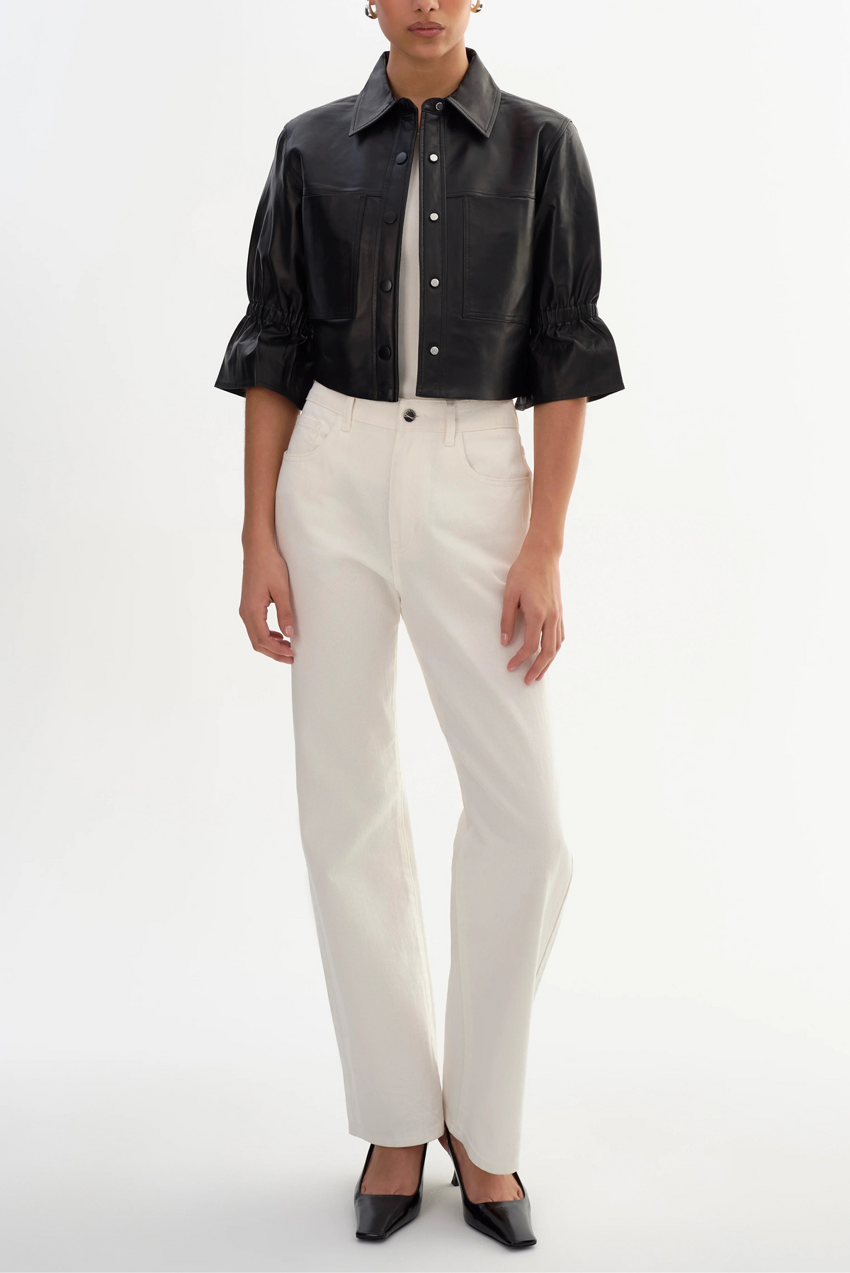 Lamarque Carolina Ruffle Sleeve Leather Jacket