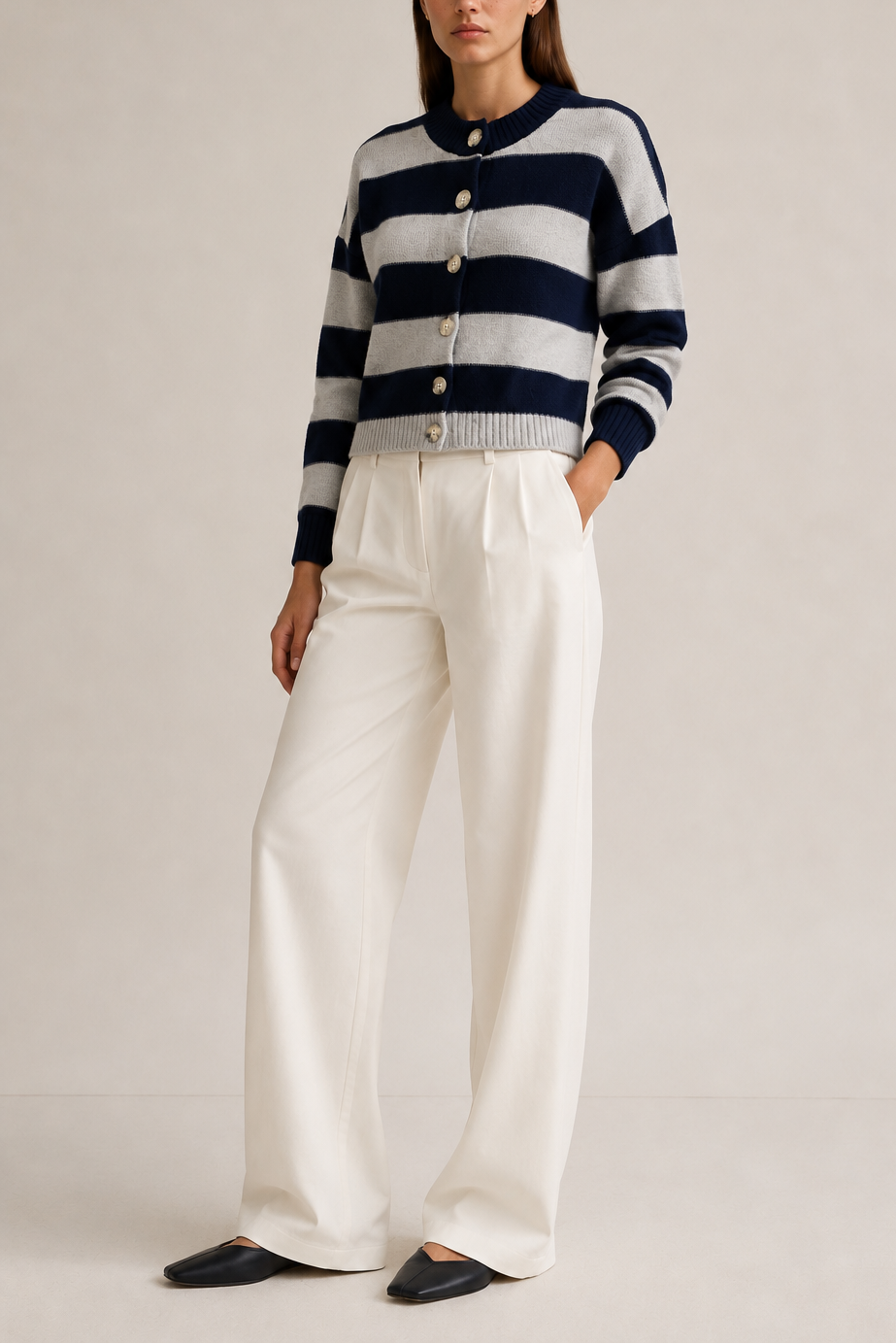Archer Cashmere Nina Cashmere Striped Crew Neck Cardigan