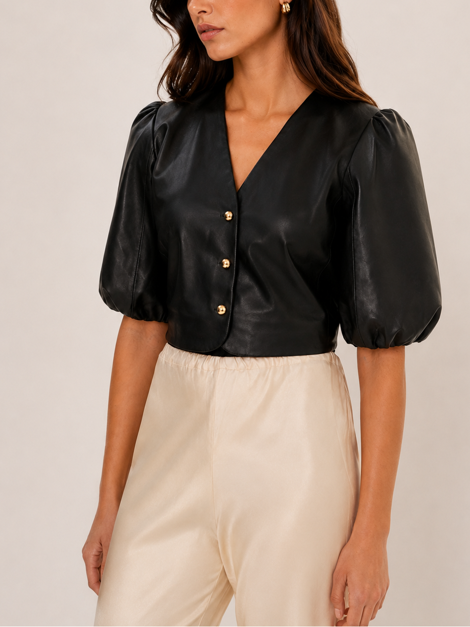 Lamarque Franka Balloon Sleeve Leather Blouse