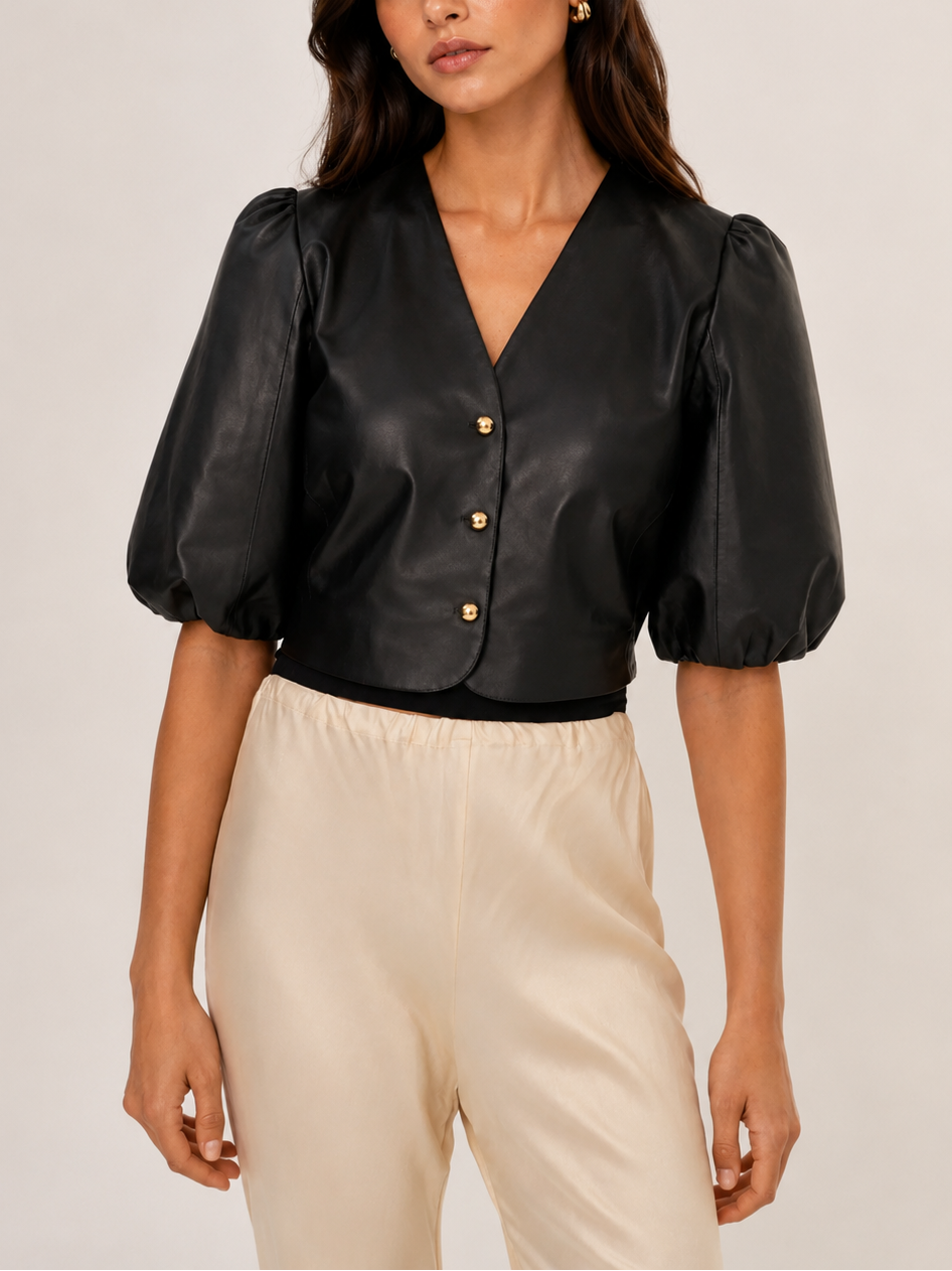 Lamarque Franka Balloon Sleeve Leather Blouse