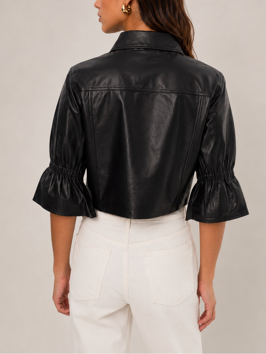 Lamarque Carolina Ruffle Sleeve Leather Jacket