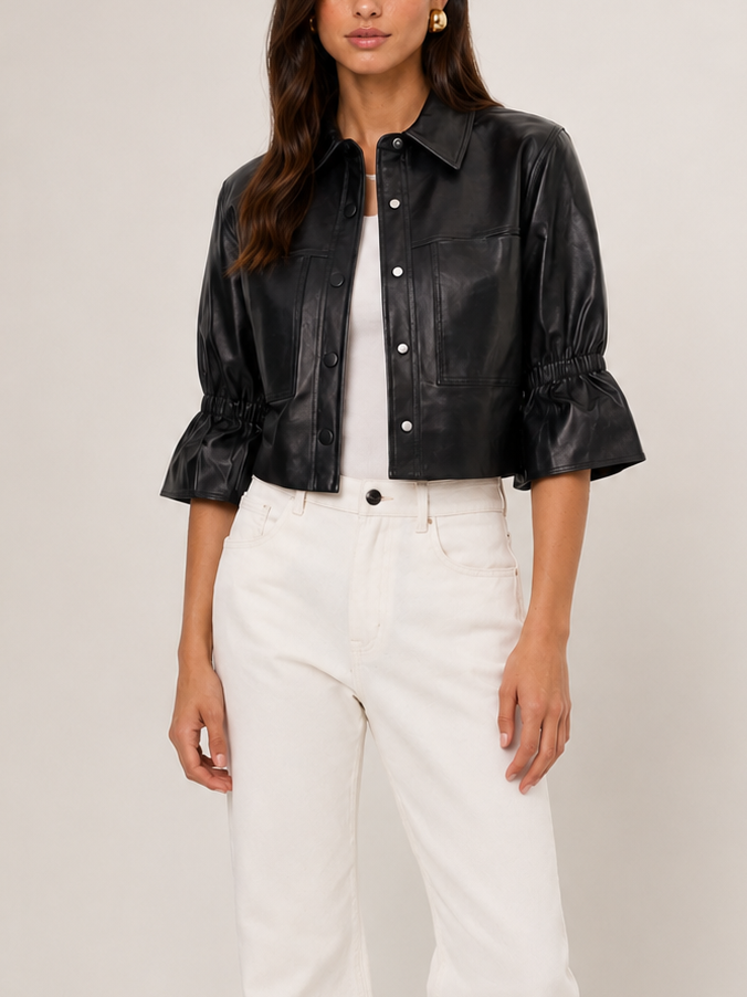 Lamarque Carolina Ruffle Sleeve Leather Jacket