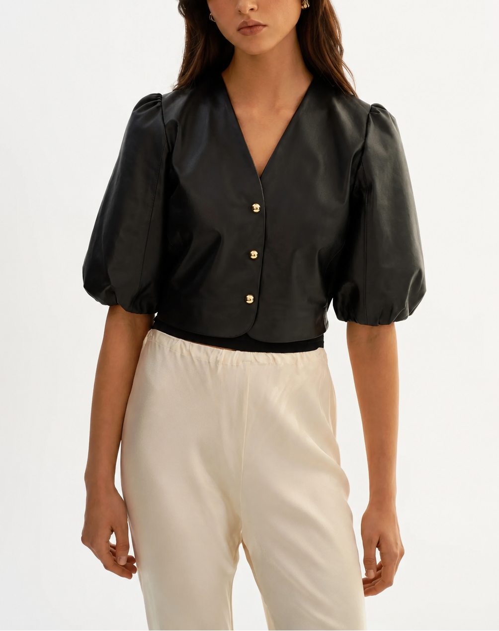 Lamarque Franka Balloon Sleeve Leather Blouse