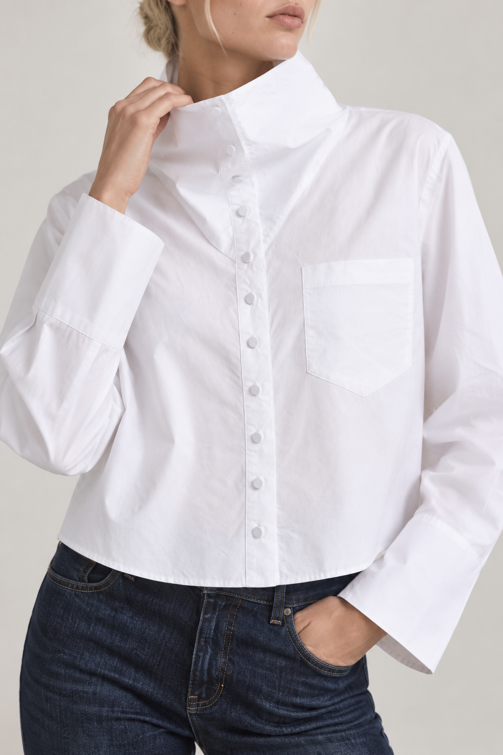 Derek Lam Cotton Poplin Long Sleeve Button Front Funnel Neck