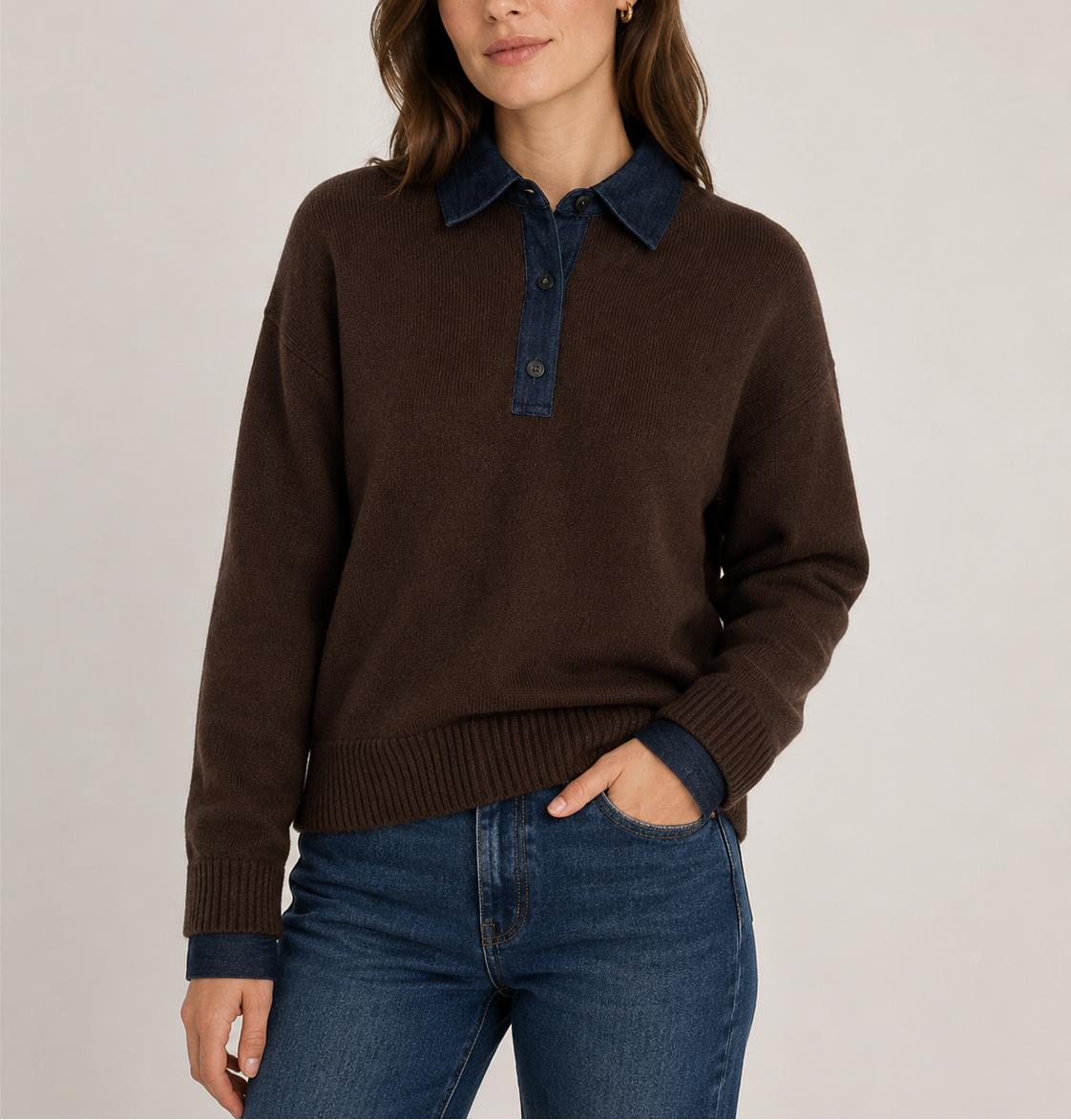 Naadam Cashmino Denim Mixed Media Polo