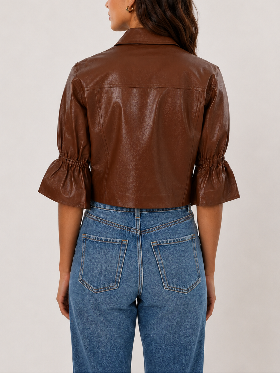Lamarque Carolina Ruffle Sleeve Leather Jacket