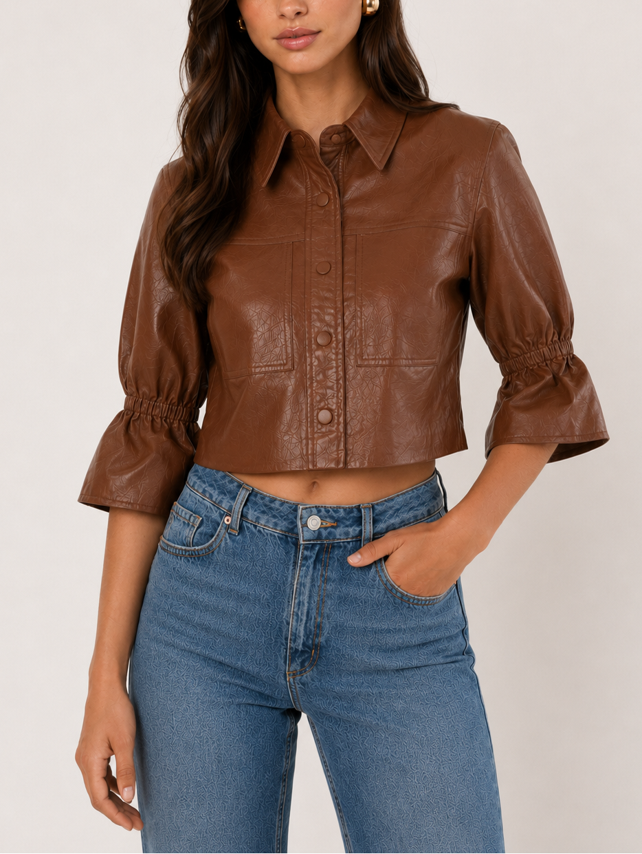 Lamarque Carolina Ruffle Sleeve Leather Jacket