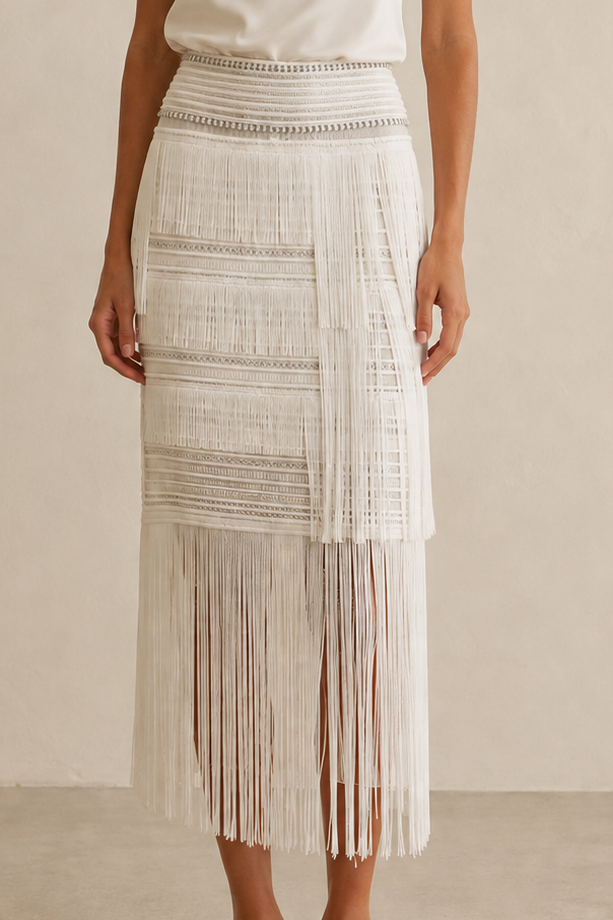 RVN Aria Fringe Embroidery Knitted Skirt