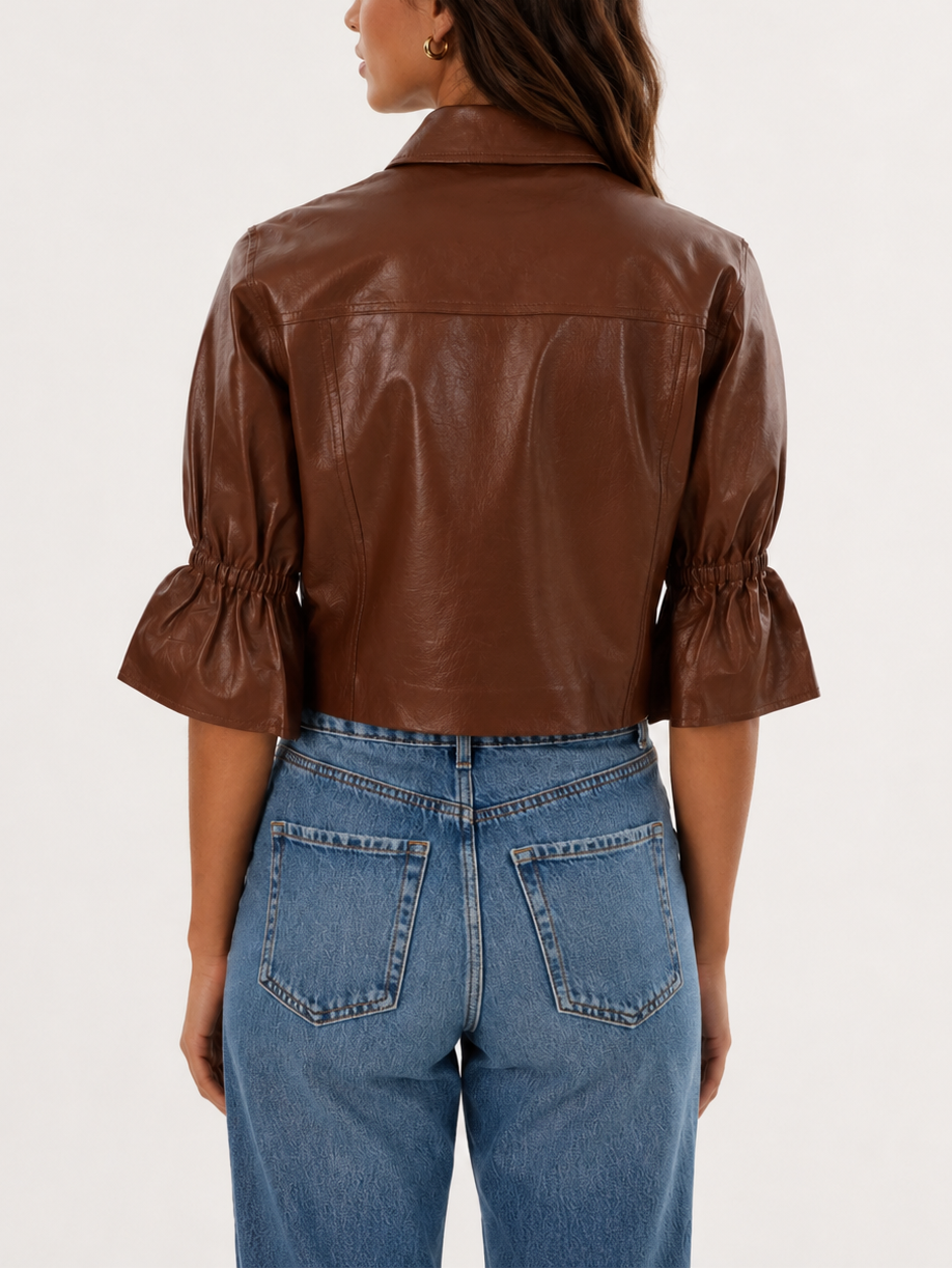 Lamarque Carolina Ruffle Sleeve Leather Jacket