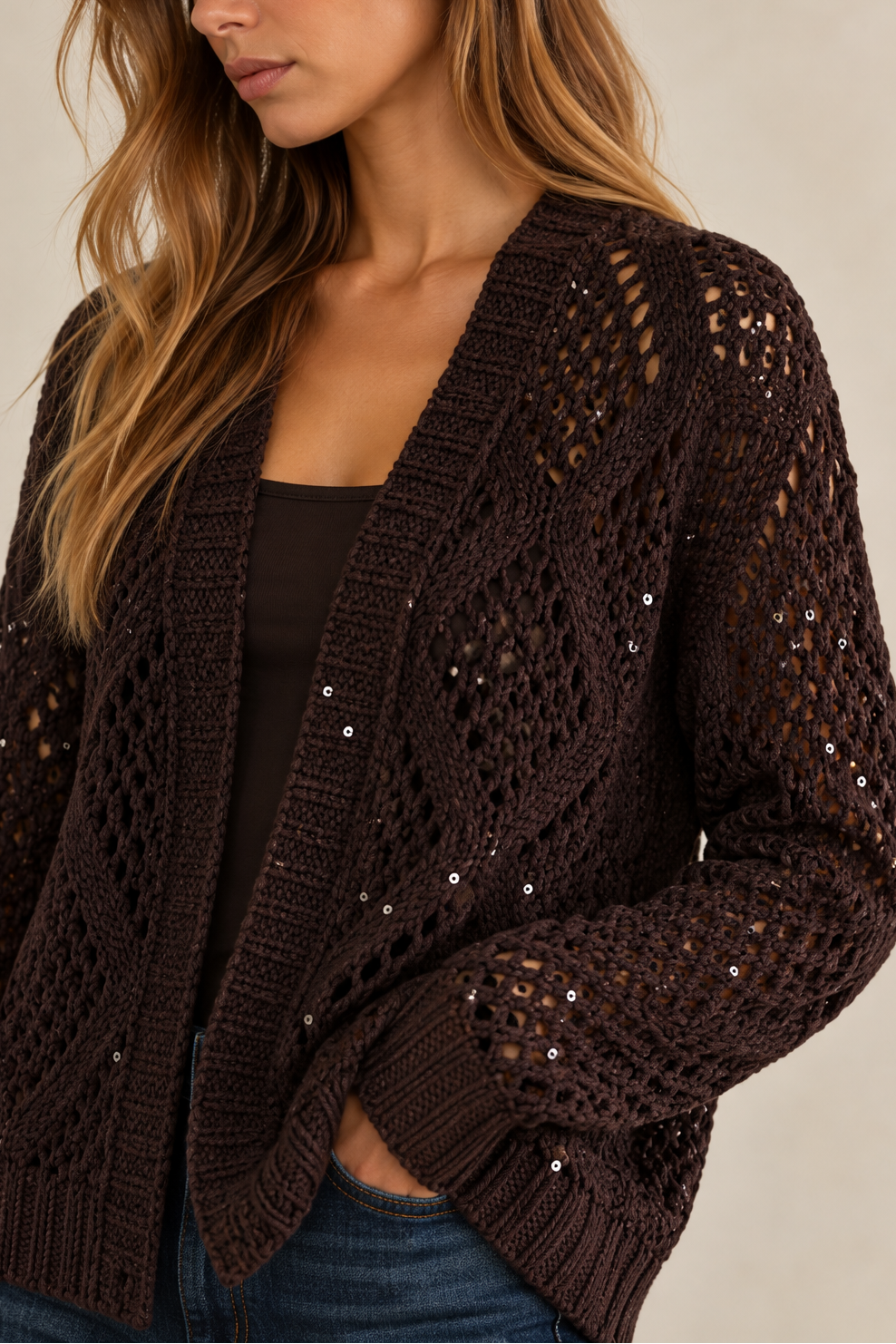 Wispr Sequin Diamond Pointelle Cardigan