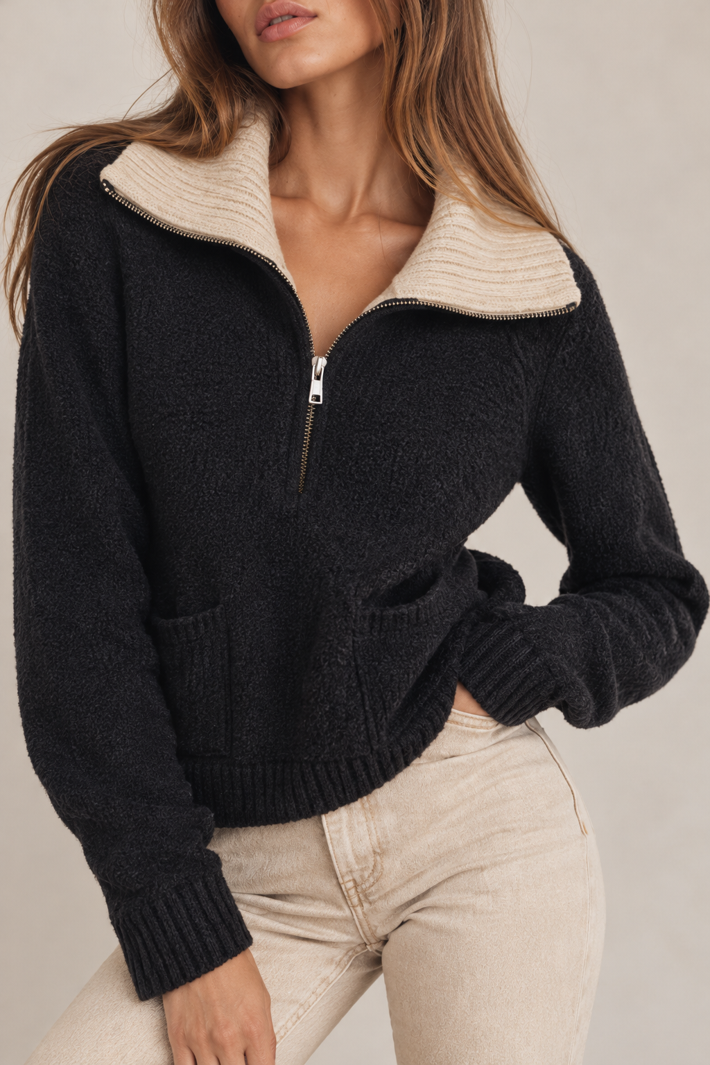 Kokun Wide Collar Half Zip Sweater