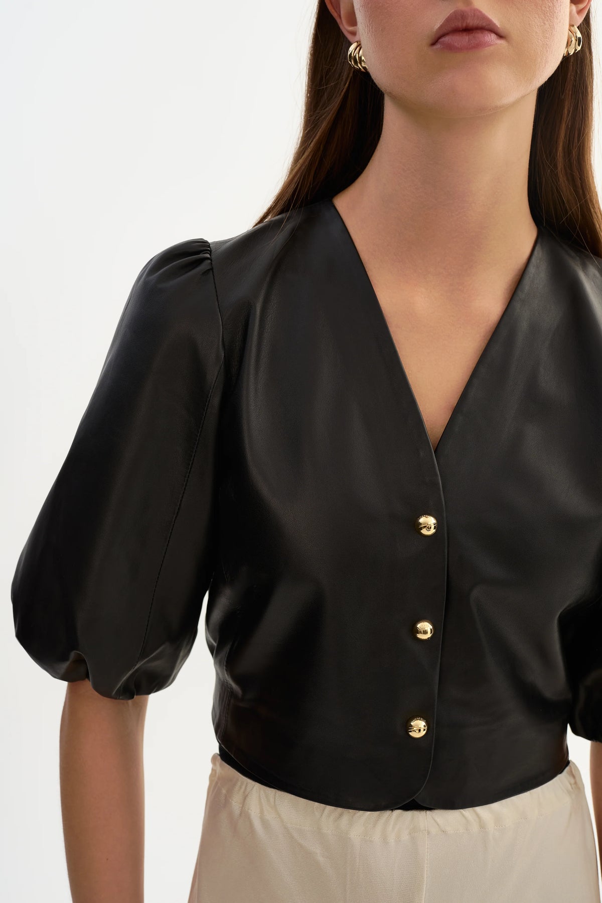 Lamarque Franka Balloon Sleeve Leather Blouse