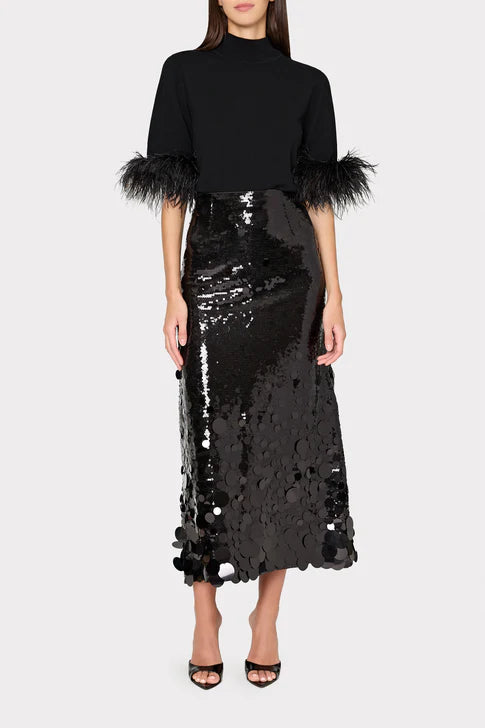 Milly Ts Feather Trim S/S Mock Neck Sweater