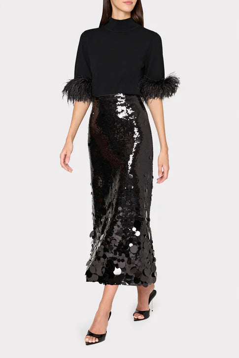 Milly Ts Feather Trim S/S Mock Neck Sweater