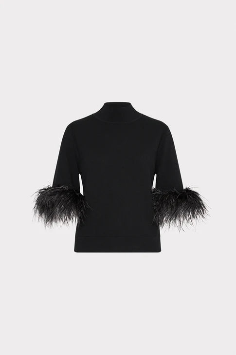 Milly Ts Feather Trim S/S Mock Neck Sweater
