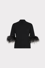 Milly Ts Feather Trim S/S Mock Neck Sweater