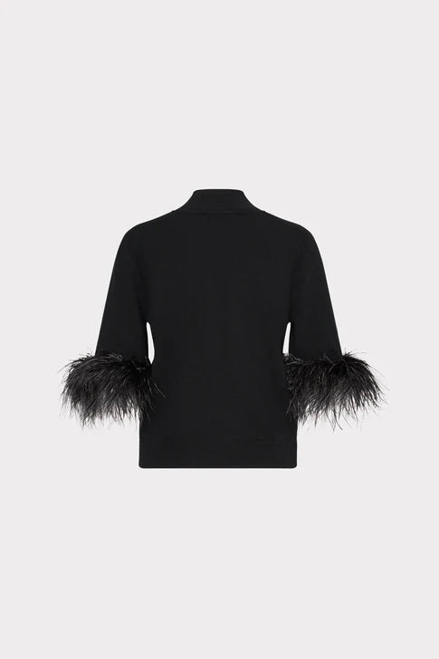 Milly Ts Feather Trim S/S Mock Neck Sweater