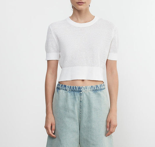 Enza Costa Linen Open Knit Cropped S/S Sweater