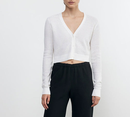 Enza Costa Linen Open Knit Cropped V-Neck Cardigan