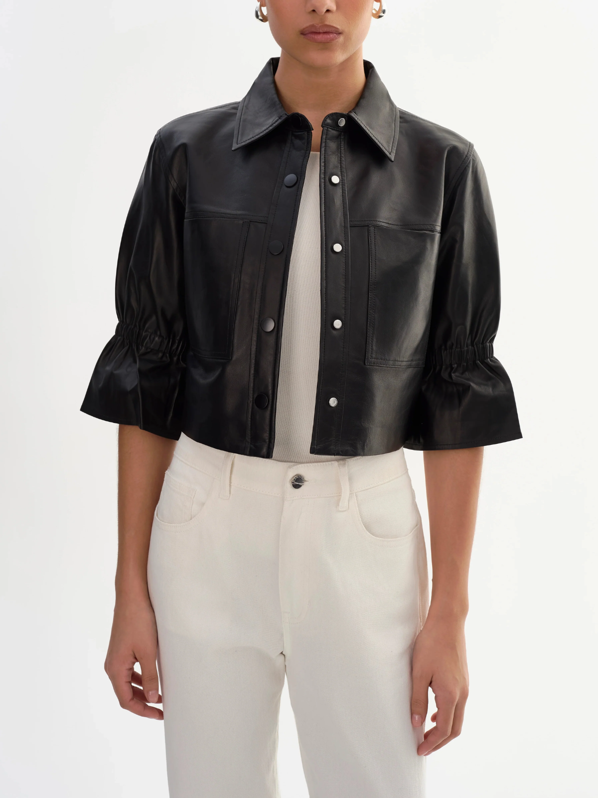 Lamarque Carolina Ruffle Sleeve Leather Jacket_CAROLINABLK