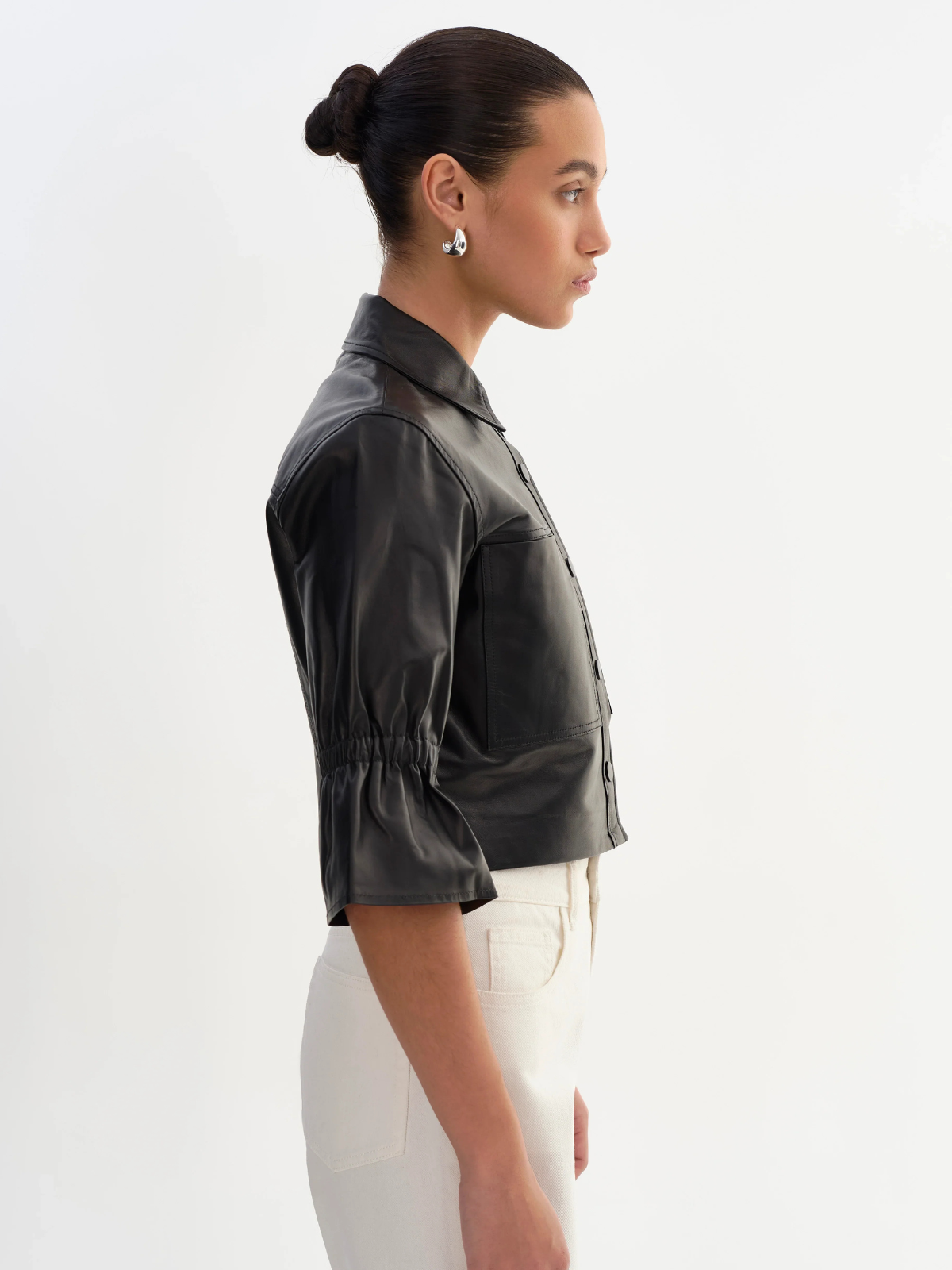 Lamarque Carolina Ruffle Sleeve Leather Jacket_CAROLINABLK