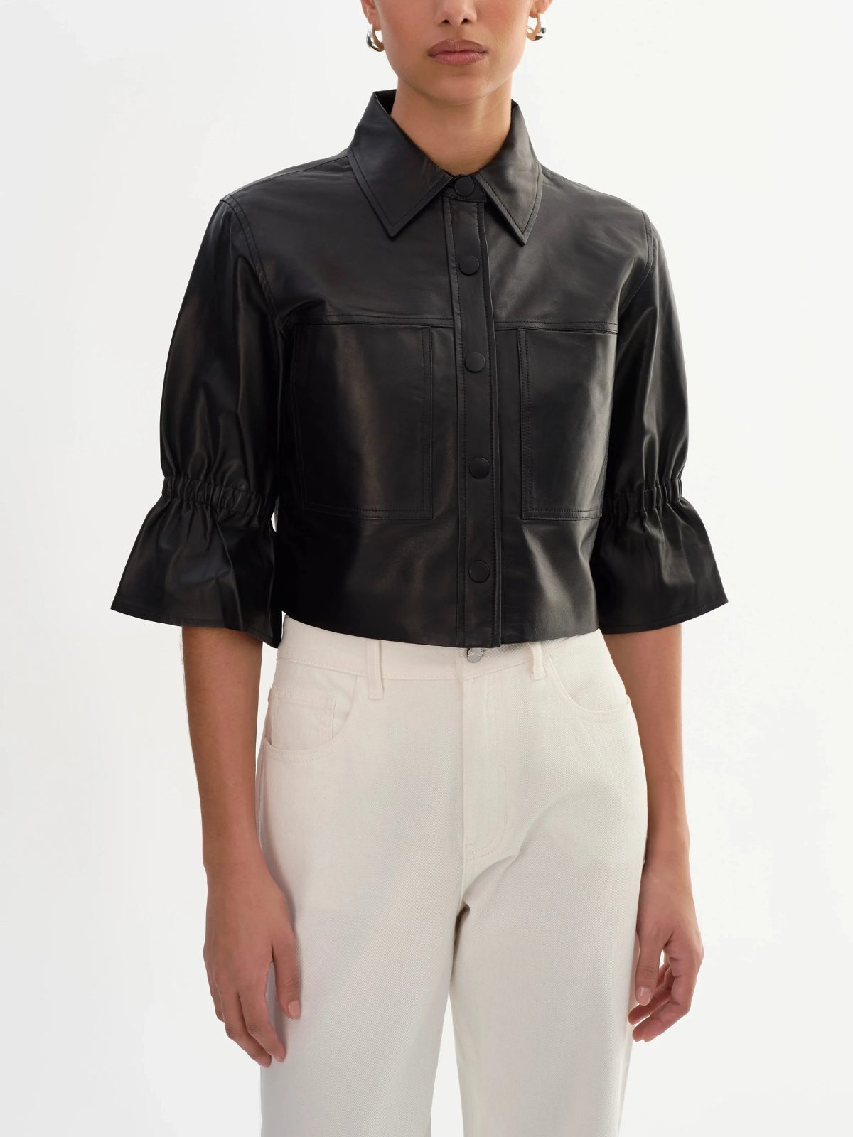 Lamarque Carolina Ruffle Sleeve Leather Jacket_CAROLINABLK