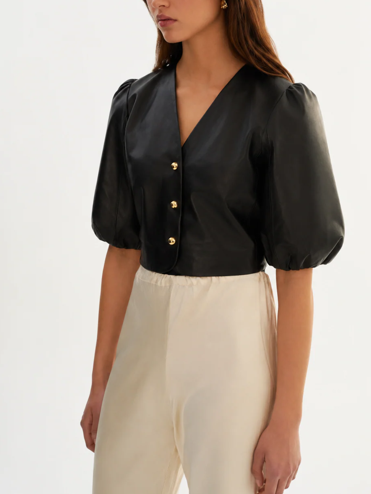 Lamarque Franka Balloon Sleeve Leather Blouse_FRANKABLK