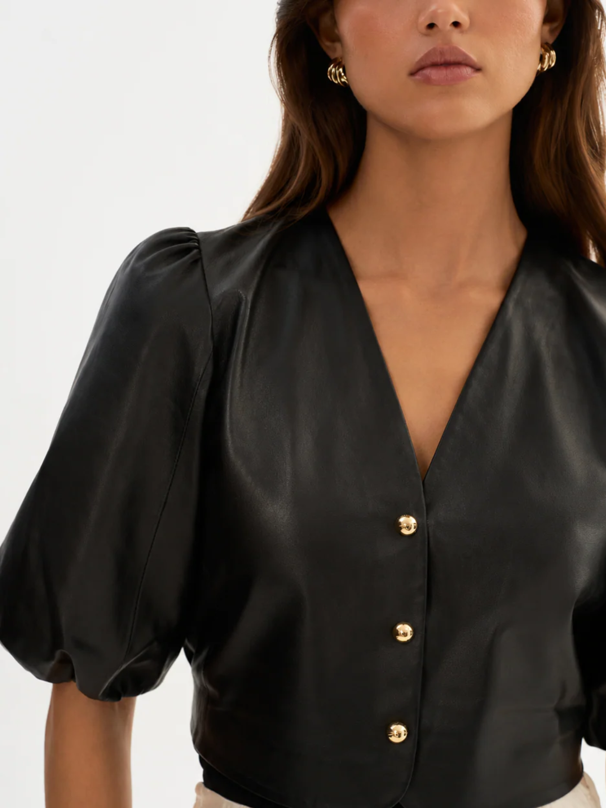 Lamarque Franka Balloon Sleeve Leather Blouse_FRANKABLK