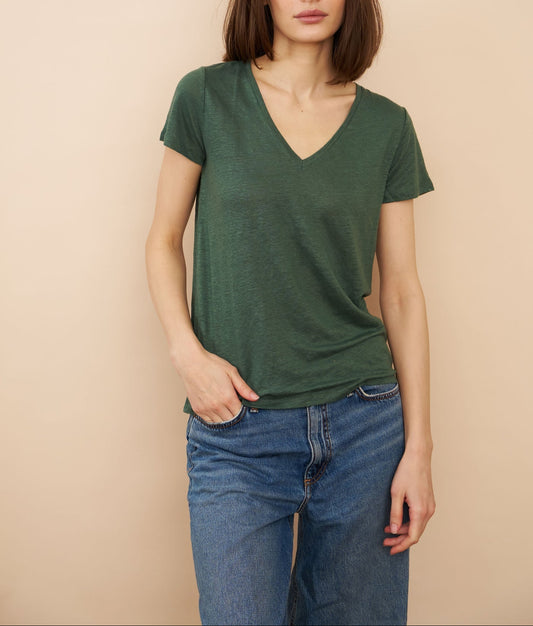 Majestic Stretch Linen Cap Sleeve Relaxed Double V-Neck
