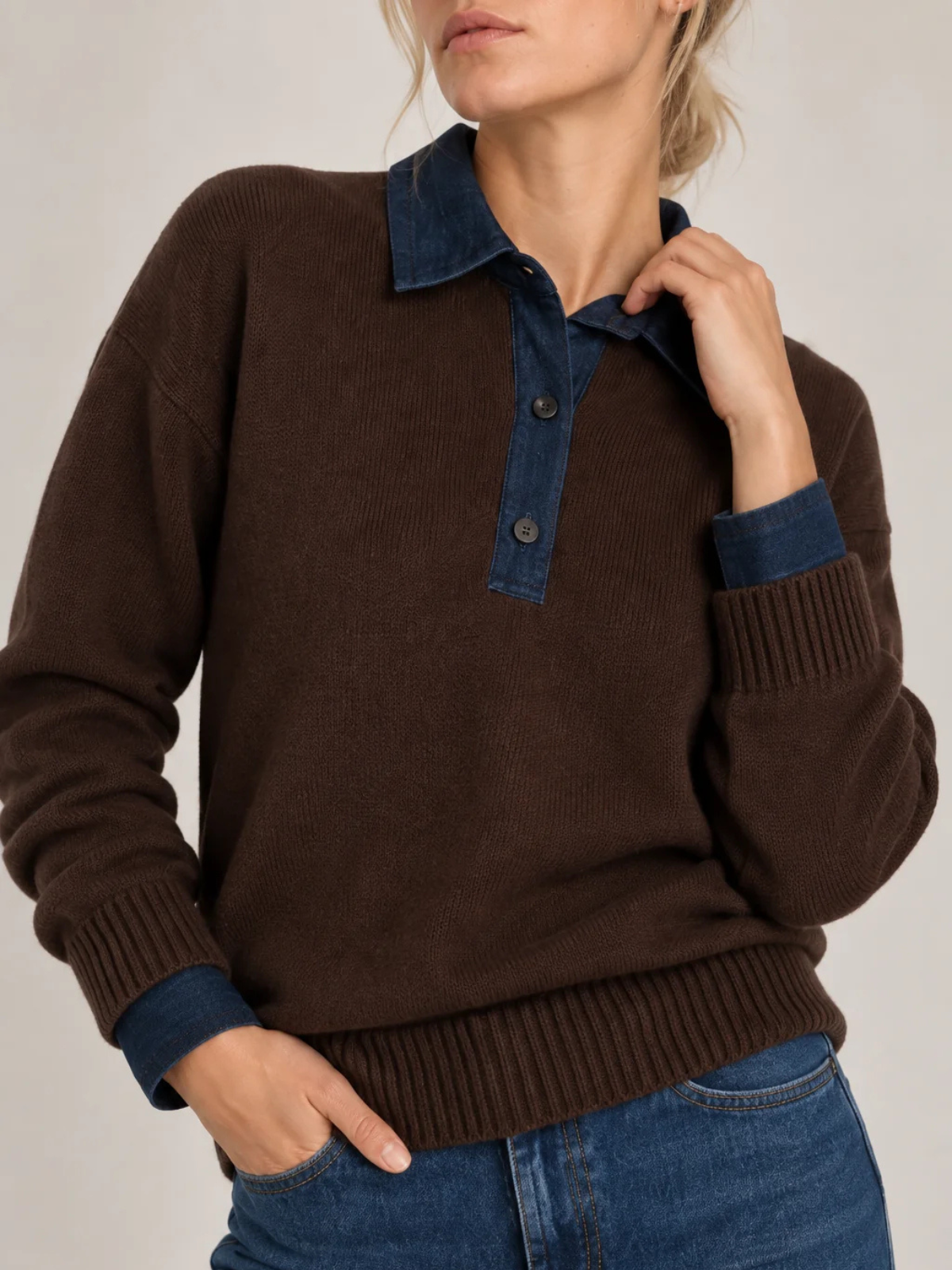 Naadam Cashmino Denim Mixed Media Polo NWCT007078