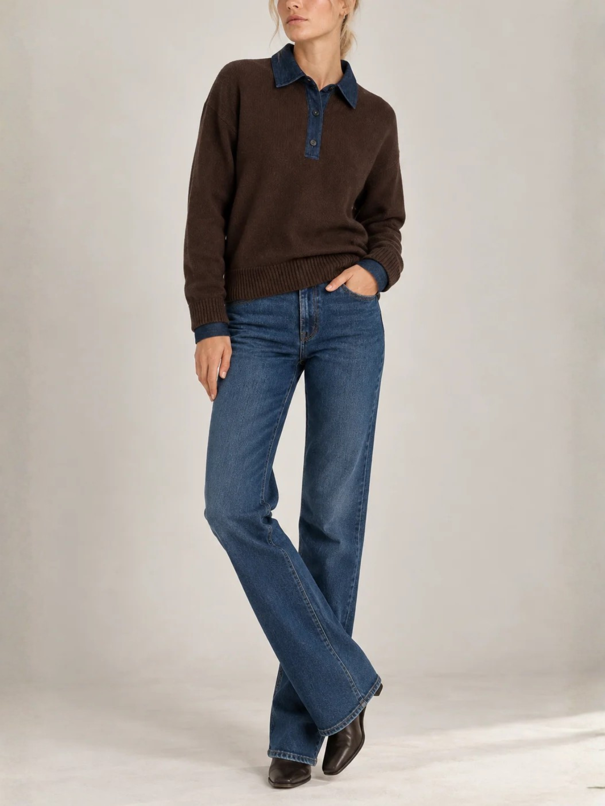 Naadam Cashmino Denim Mixed Media Polo NWCT007078