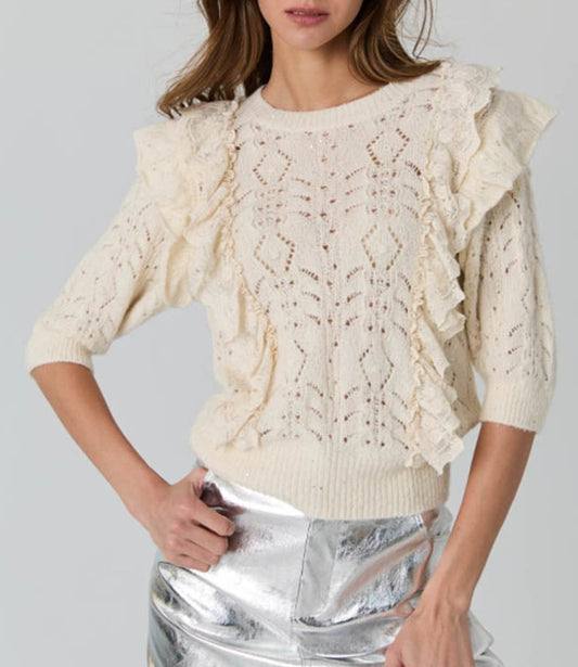 Autumn Cashmere Open Pointelle Sequin Puff Sleeve Crew W/Lace