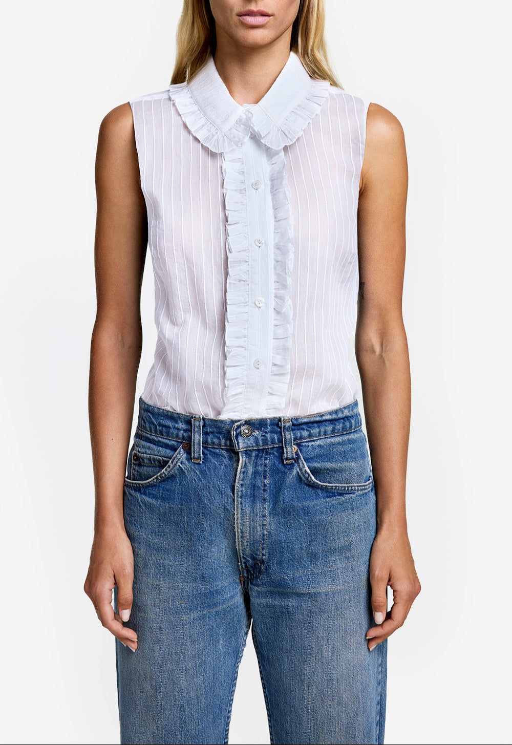 Smythe Sleeveless Ruffle Trim Shirt