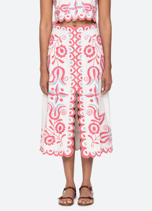 Sea Eevi Embroidered Twill Midi Skirt