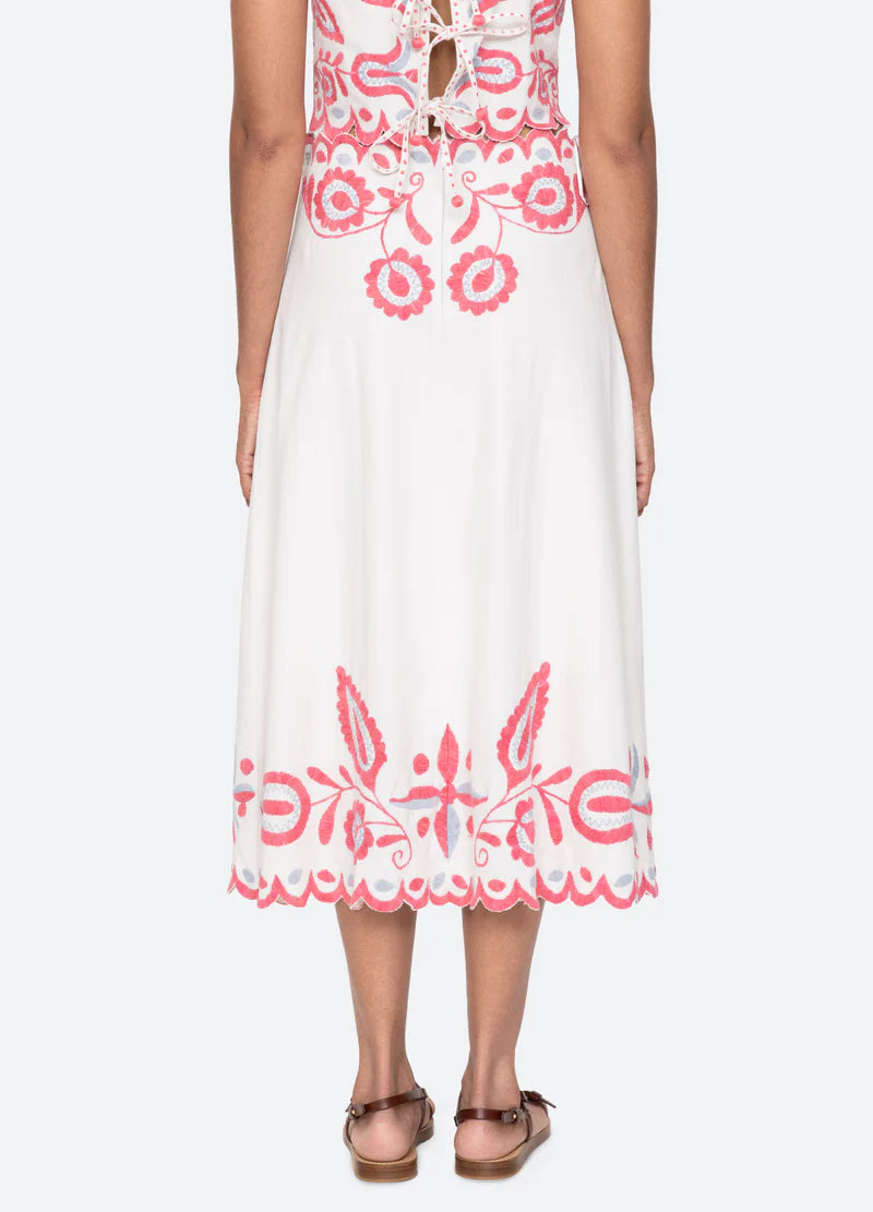 Sea Eevi Embroidered Twill Midi Skirt