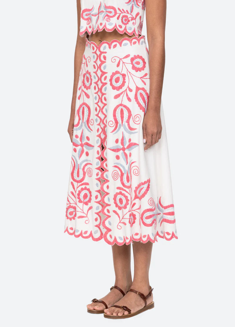 Sea Eevi Embroidered Twill Midi Skirt