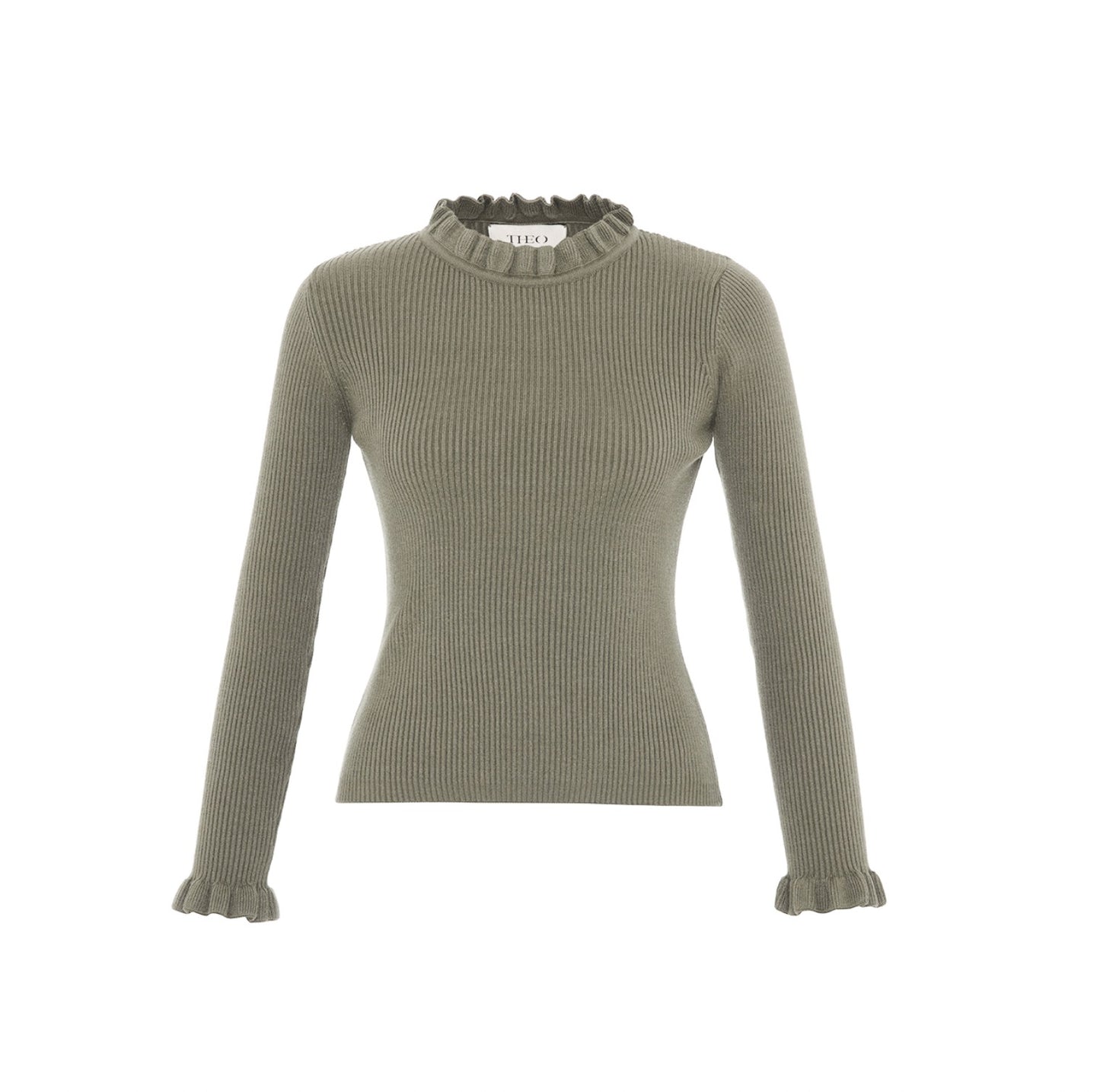 TS Theo Pallas Rib Knit Ruffle Neck Sweater