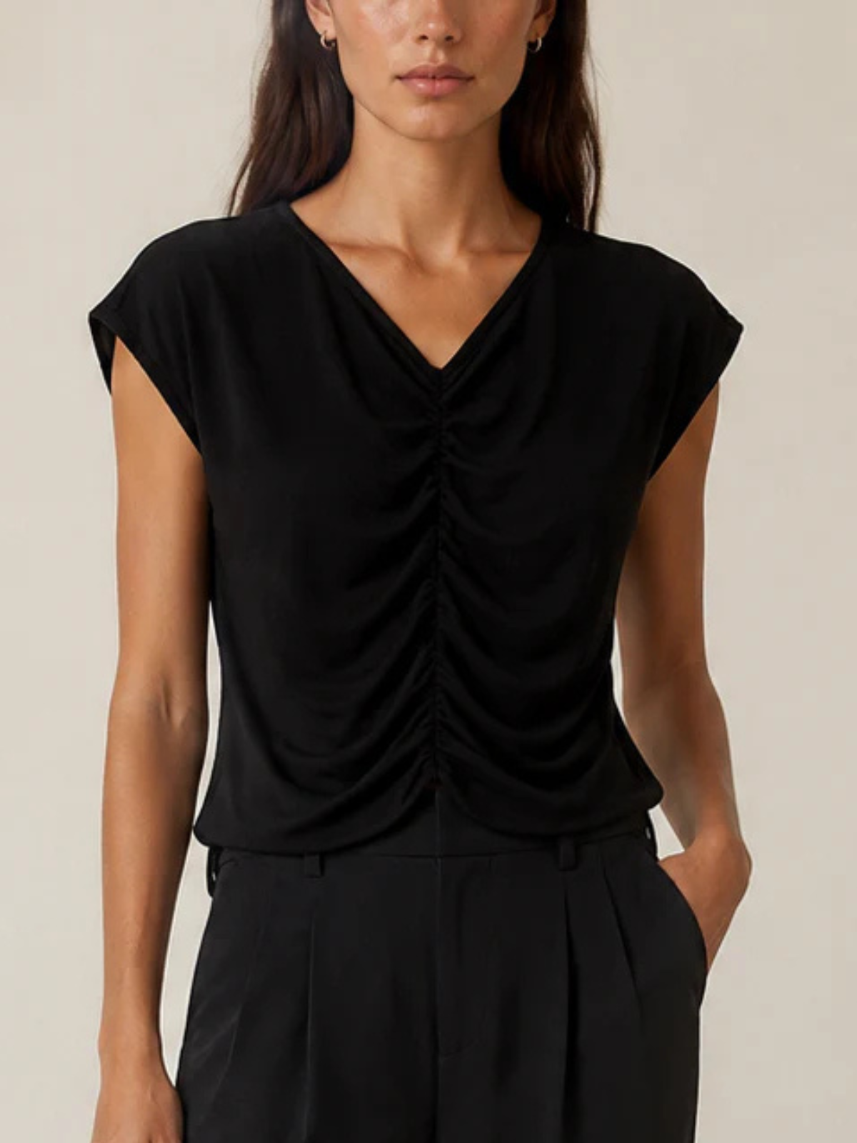 Stateside TS Ruched V-Neck Cap Sleeve Top_618-6174
