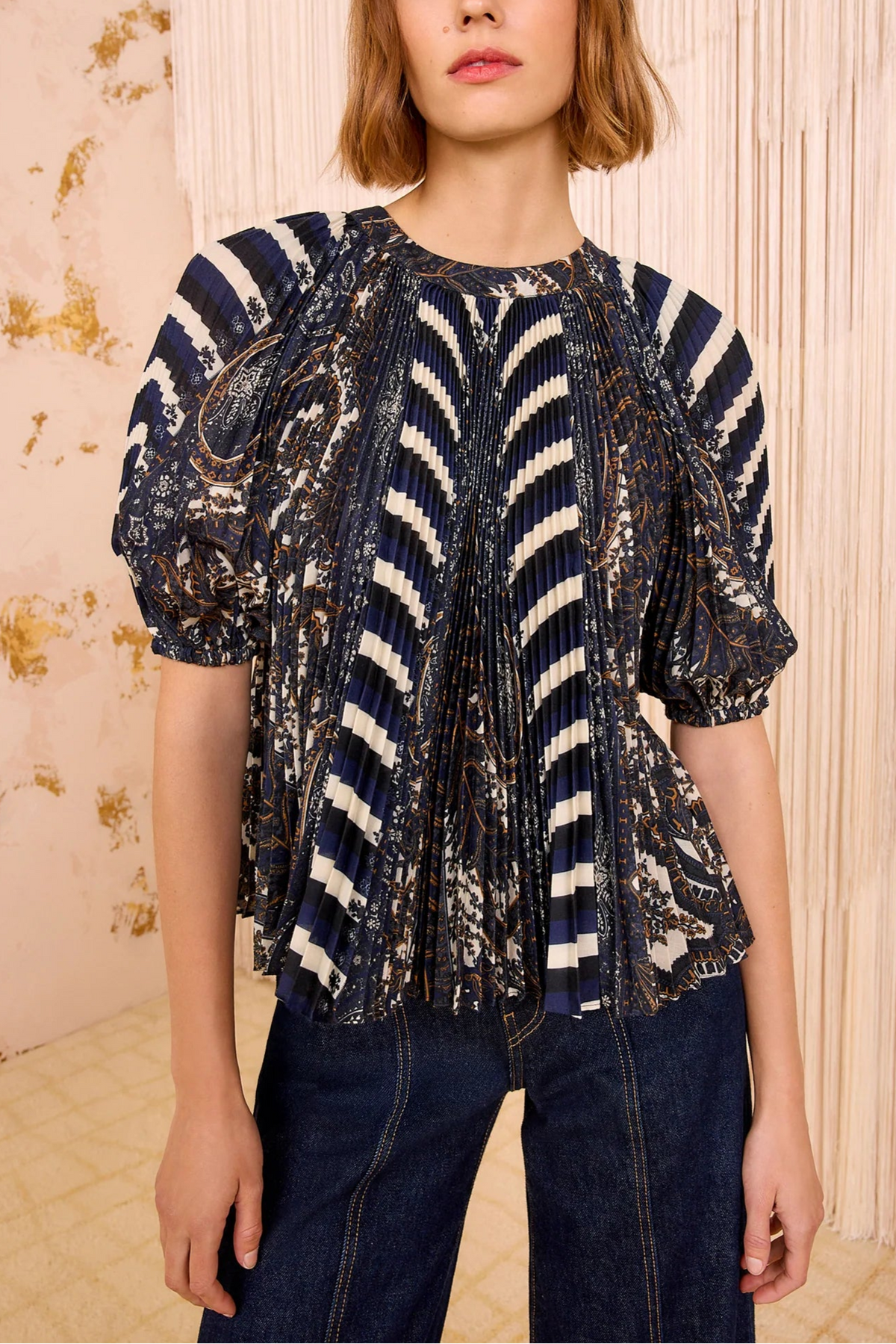 Ulla Johnson Dafne Pleated Short Sleeve Blouse
