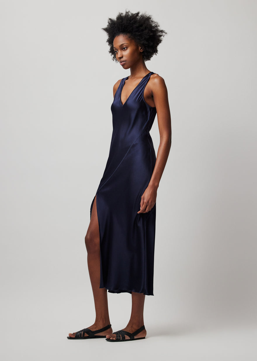 ATM Silk Charmeuse Slit Detail Bias Midi Dress