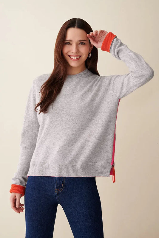 &Isla Amelia Contrast Side Zip Crew Neck Sweater