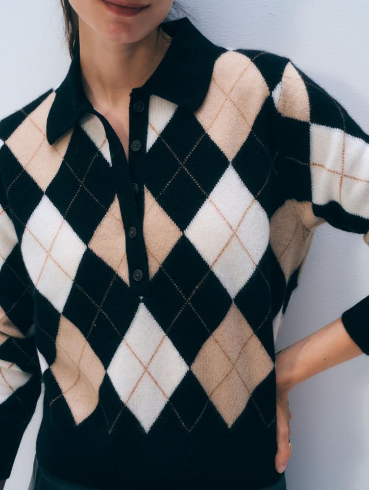 White & Warren Cashmere Argyle L/S Polo