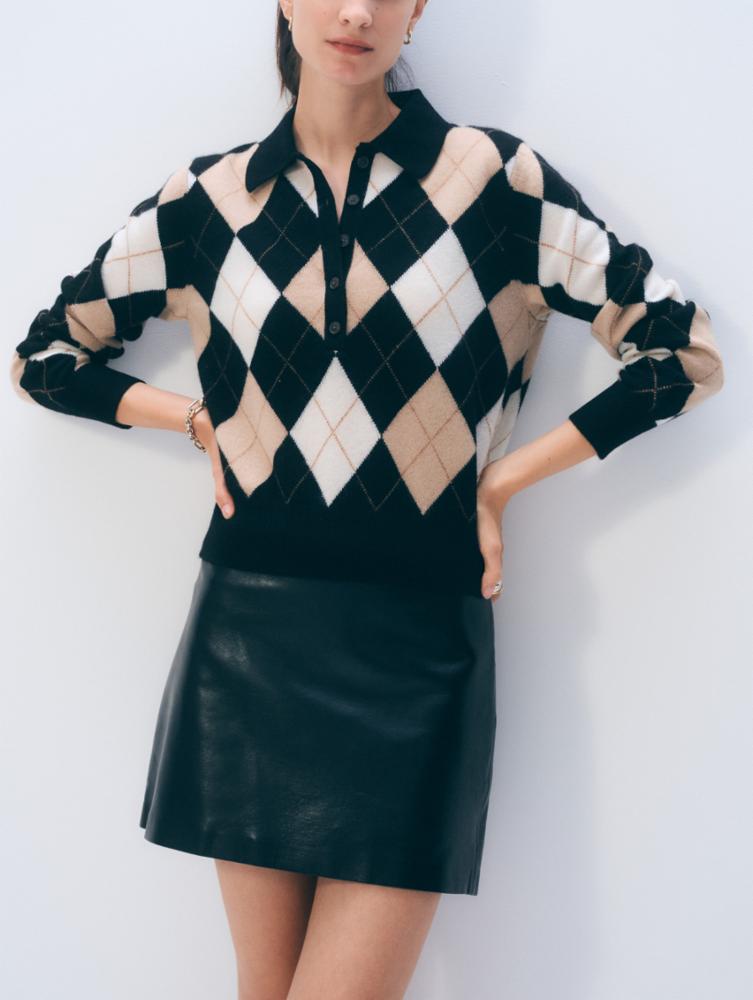 White & Warren Cashmere Argyle L/S Polo