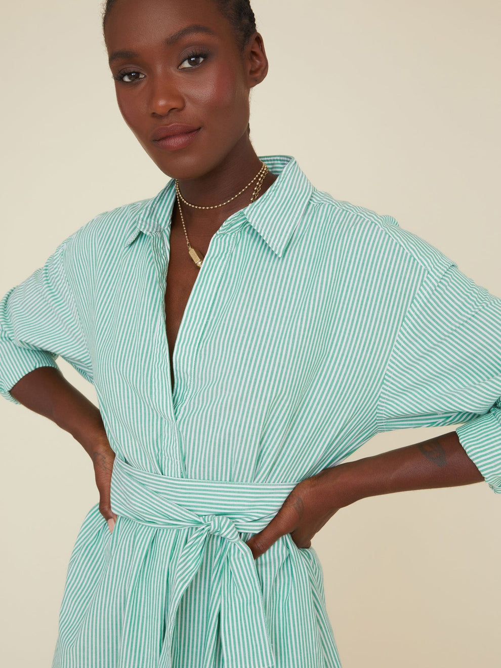 Xirena Women's Marlowe Striped Belted Shirtdress - Clover Stripe - Size Medium Xirena Women's Marlowe Striped Belted Shirtdress - Clover Stripe - Size Medium